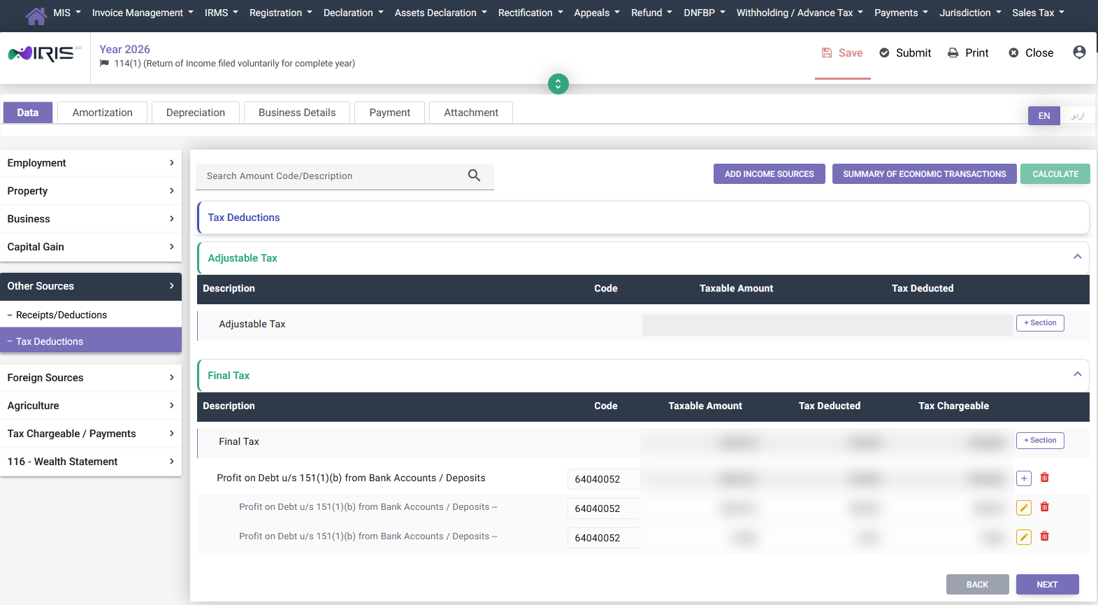 FBR IRIS return form showing one withholding code repeated for several bank accounts, amounts blurred